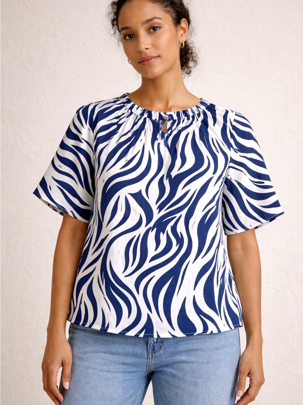 Women's Navy and White Gathered Neck Short Sleeve Blouse